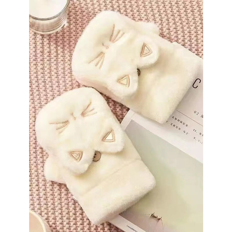 Cat Plush Fingerless Gloves White / One Size Apparel and Accessories