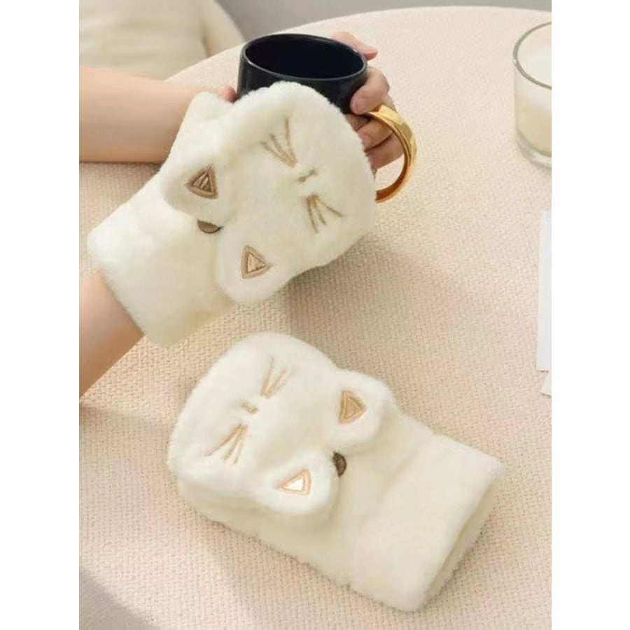 Cat Plush Fingerless Gloves White / One Size Apparel and Accessories