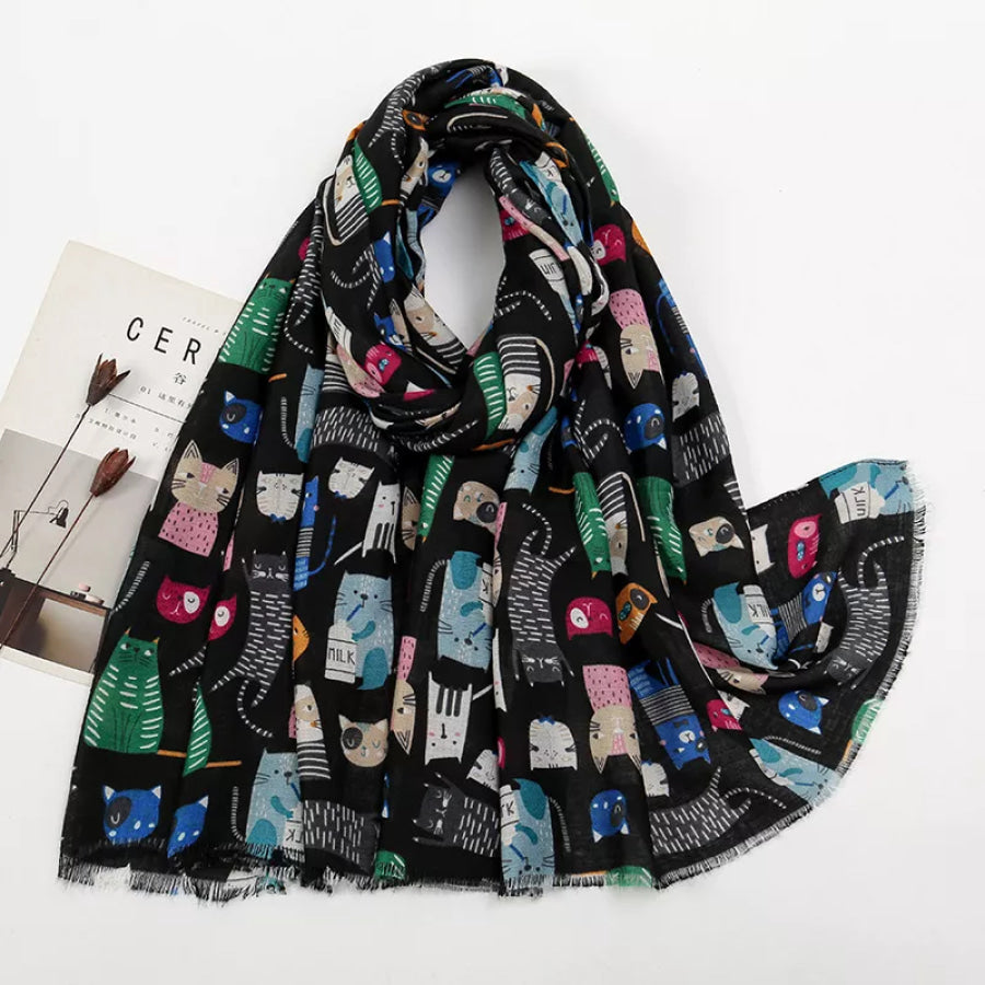 Cat Print Lightweight Scarf Black / One Size Apparel and Accessories