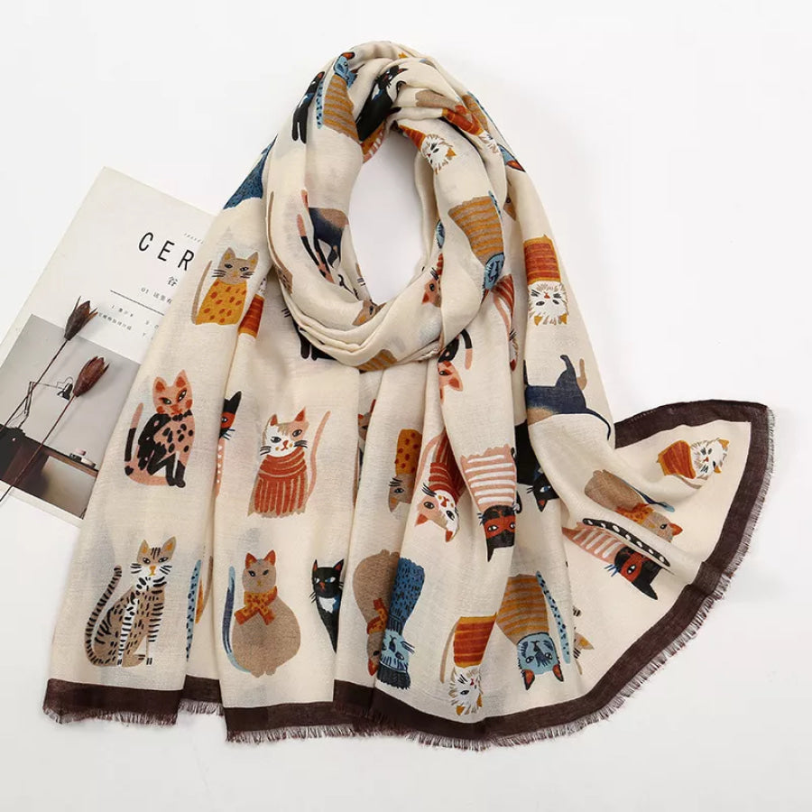Cat Print Lightweight Scarf Cream / One Size Apparel and Accessories