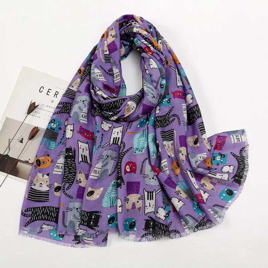 Cat Print Lightweight Scarf Lilac / One Size Apparel and Accessories