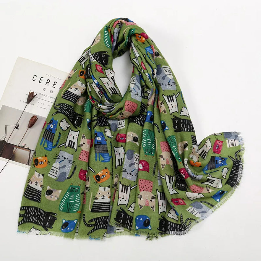 Cat Print Lightweight Scarf Matcha Green / One Size Apparel and Accessories