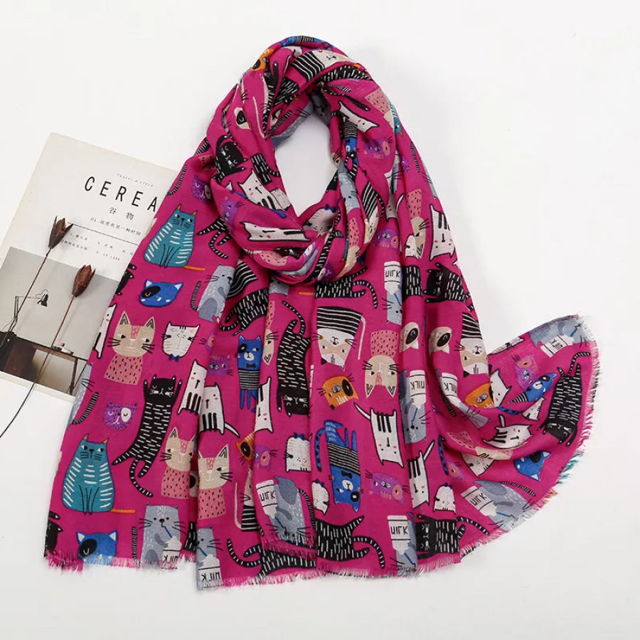 Cat Print Lightweight Scarf Scarlet / One Size Apparel and Accessories