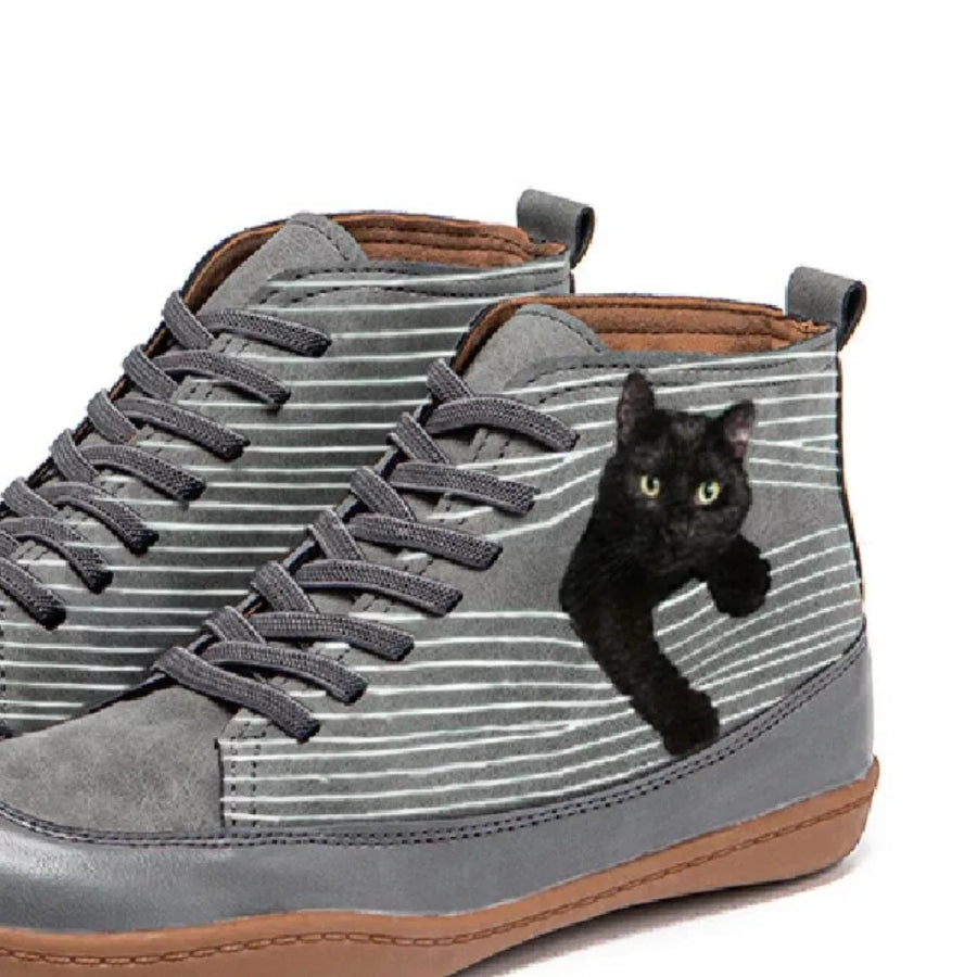 Cat Print Striped Ankle Sneakers Apparel and Accessories