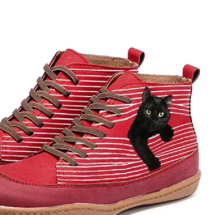 Cat Print Striped Ankle Sneakers Apparel and Accessories