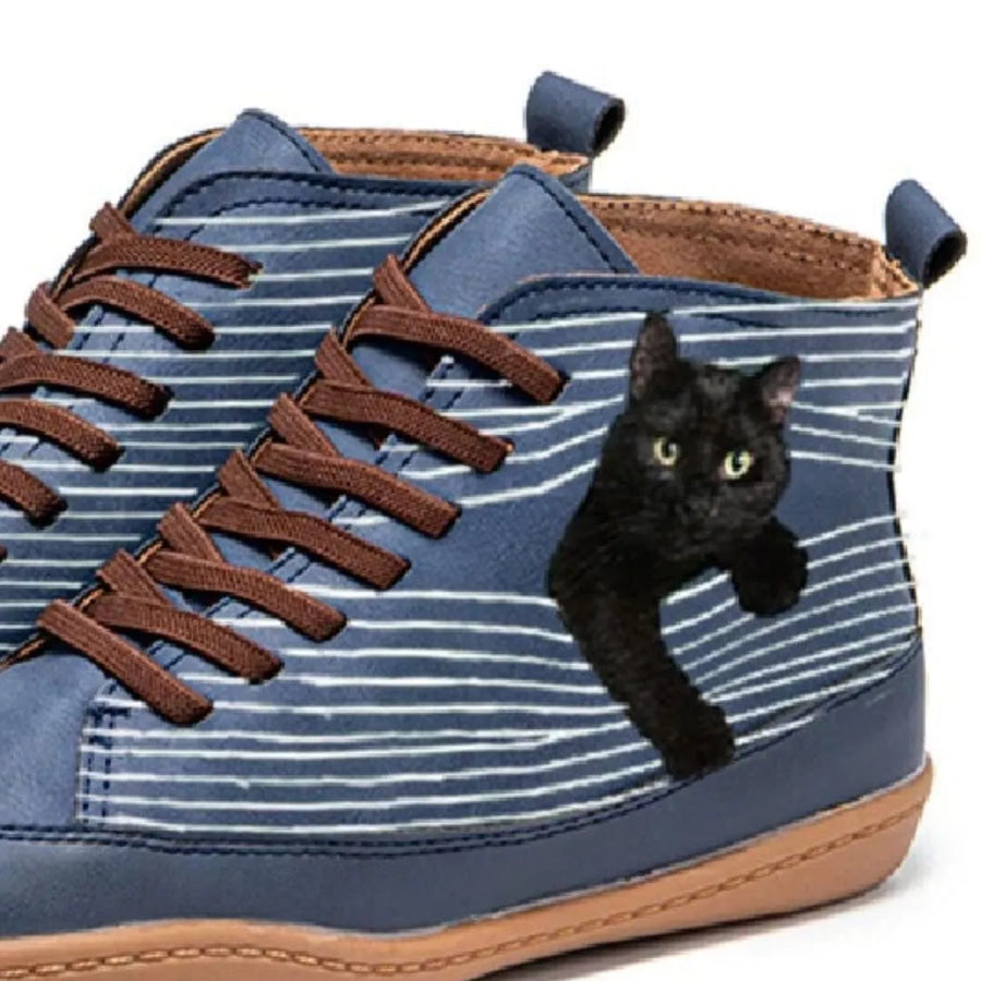 Cat Print Striped Ankle Sneakers Apparel and Accessories