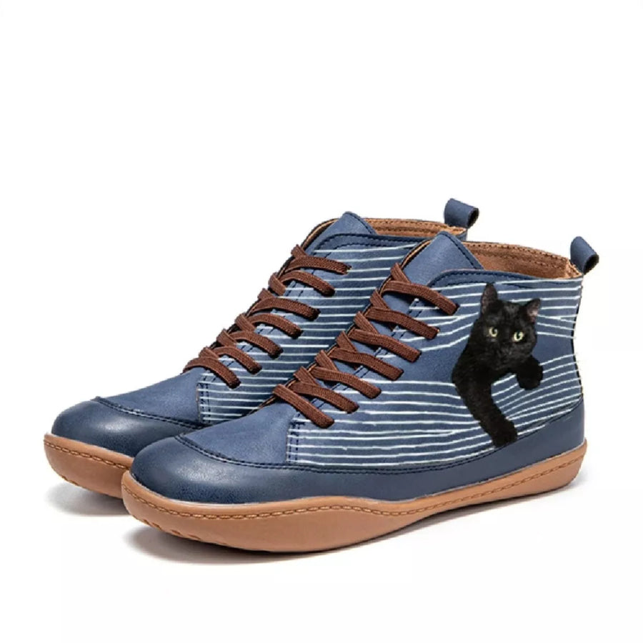 Cat Print Striped Ankle Sneakers Black Cat Blue / 35 Apparel and Accessories