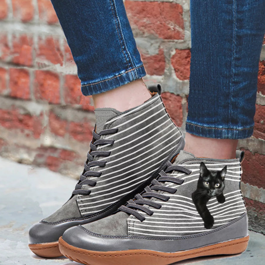 Cat Print Striped Ankle Sneakers Black Cat Gray / 35 Apparel and Accessories
