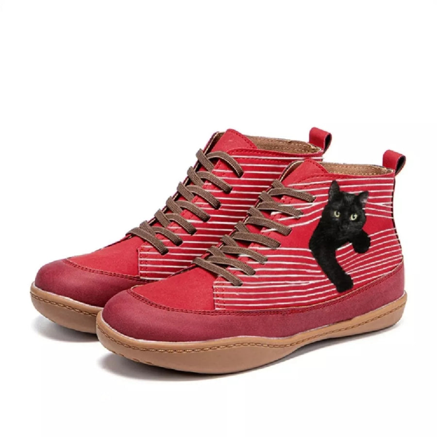 Cat Print Striped Ankle Sneakers Black Cat Red / 35 Apparel and Accessories