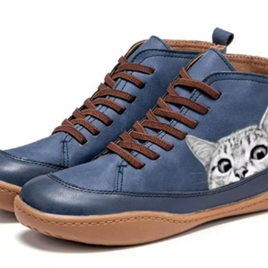 Cat Print Striped Ankle Sneakers White Cat Blue / 35 Apparel and Accessories