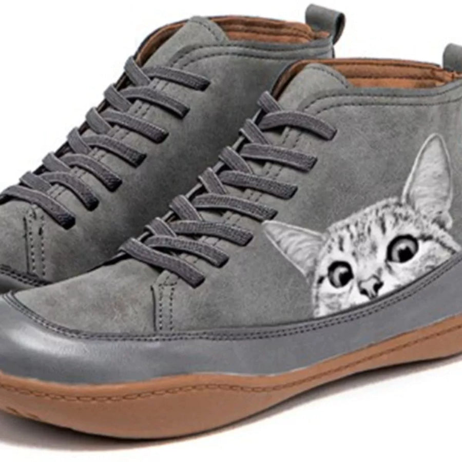 Cat Print Striped Ankle Sneakers White Cat Gray / 35 Apparel and Accessories