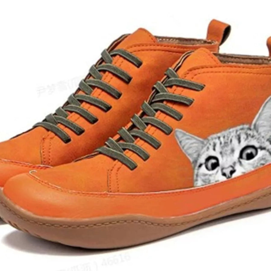 Cat Print Striped Ankle Sneakers White Cat Orange / 35 Apparel and Accessories