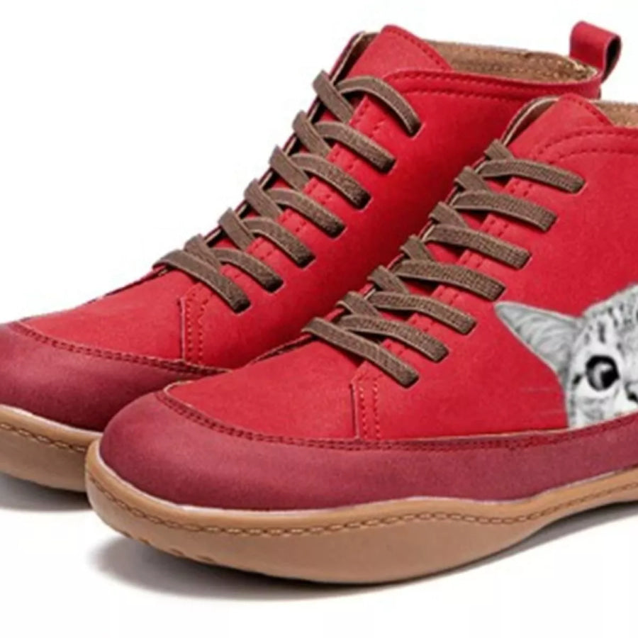 Cat Print Striped Ankle Sneakers White Cat Red / 35 Apparel and Accessories