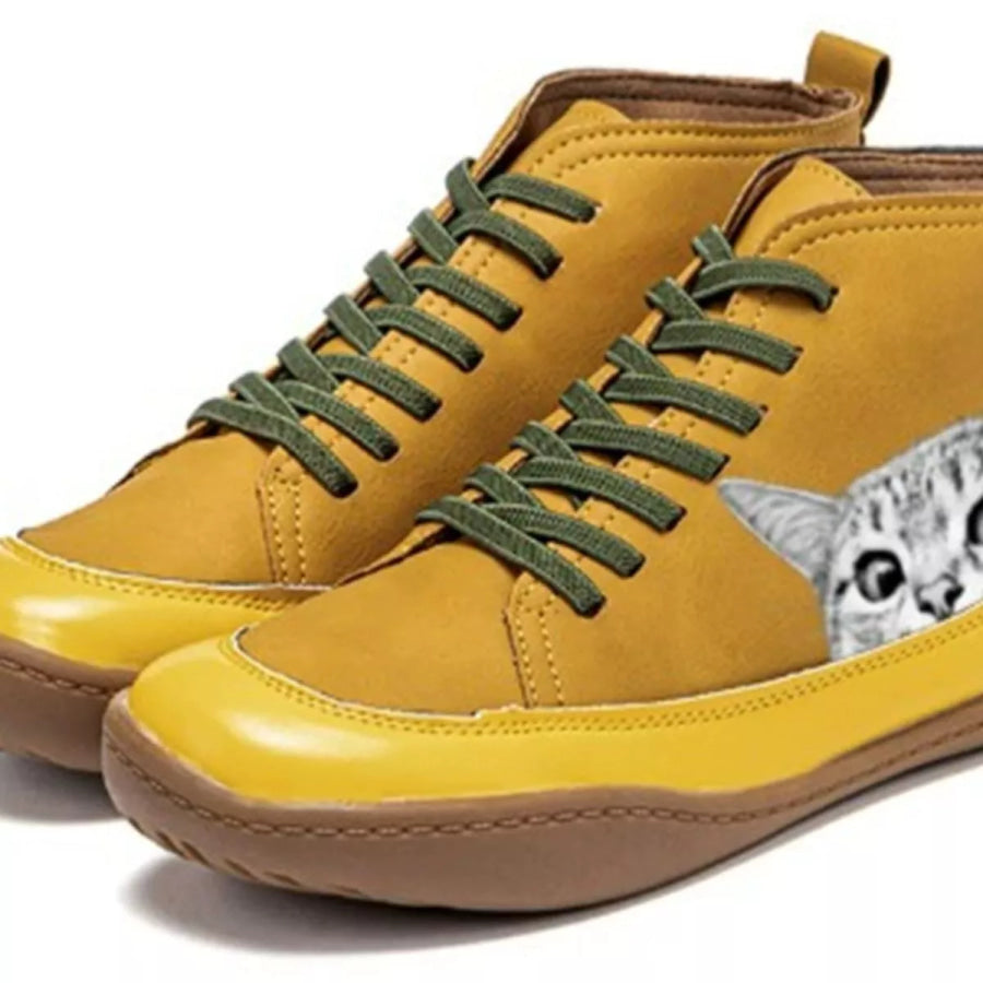 Cat Print Striped Ankle Sneakers White Cat Yellow / 35 Apparel and Accessories