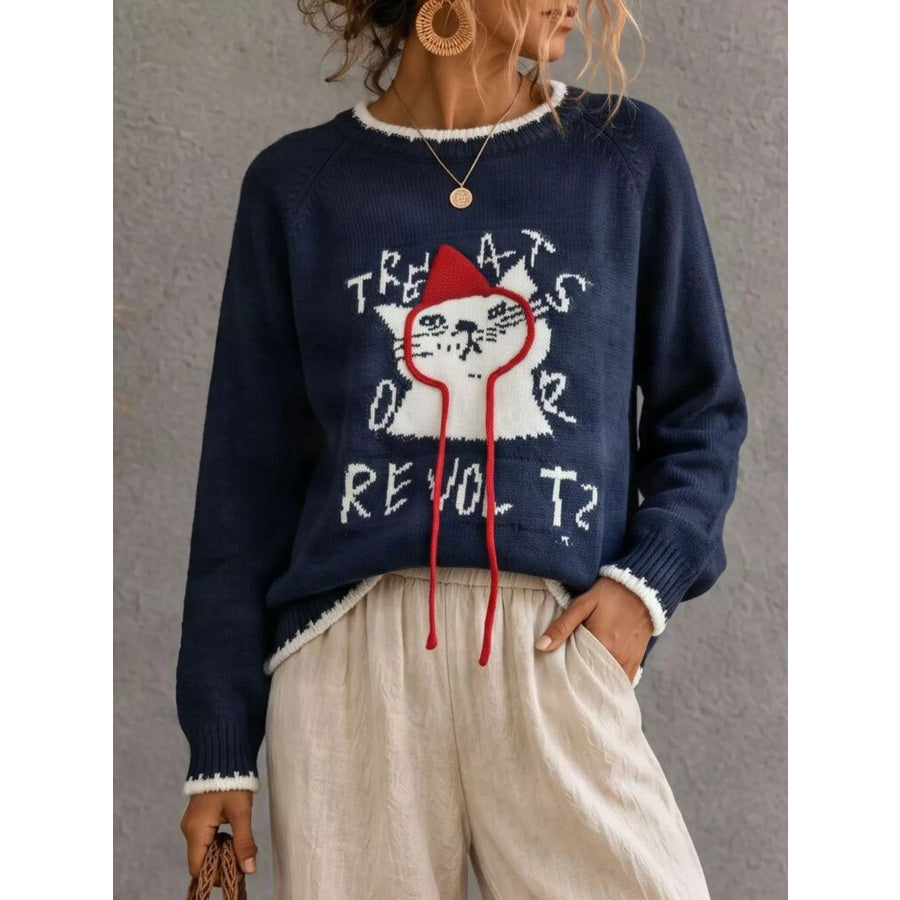 Cat Raglan Sleeve Sweater Navy / S Apparel and Accessories