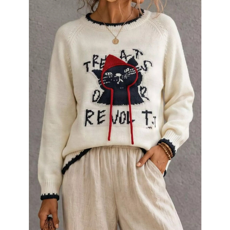 Cat Raglan Sleeve Sweater Beige / S Apparel and Accessories