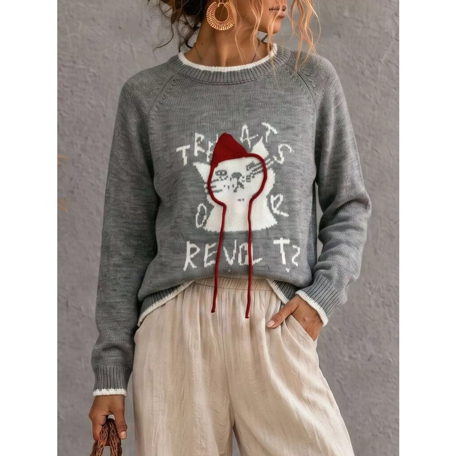 Cat Raglan Sleeve Sweater Gray / S Apparel and Accessories