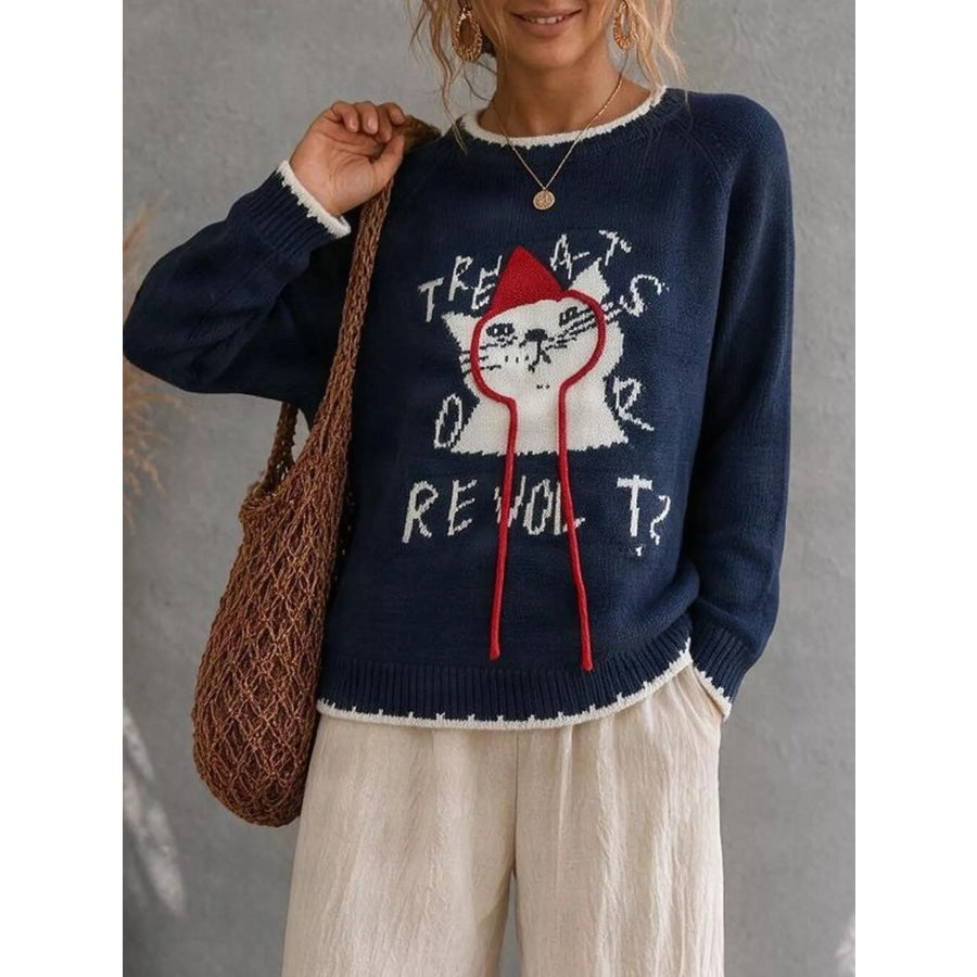 Cat Raglan Sleeve Sweater Navy / S Apparel and Accessories