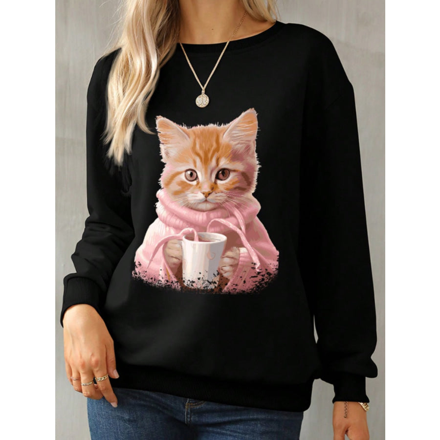 Cat Round Neck Long Sleeve Sweatshirt Apparel and Accessories