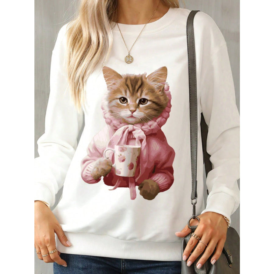 Cat Round Neck Long Sleeve Sweatshirt Apparel and Accessories