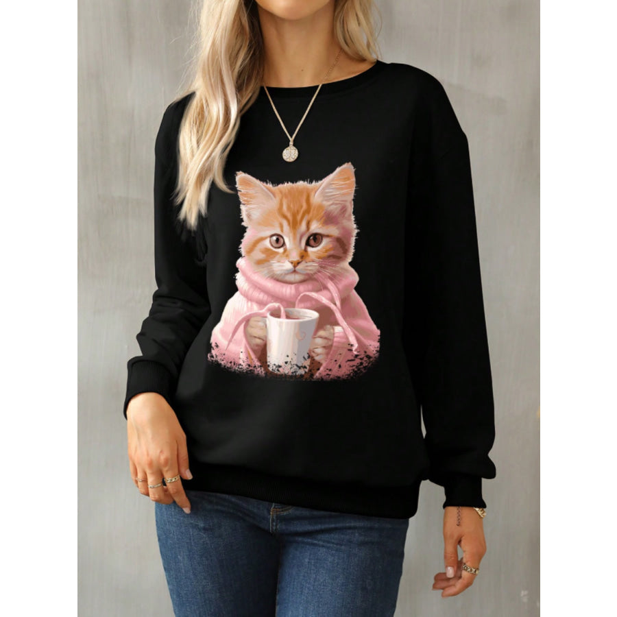 Cat Round Neck Long Sleeve Sweatshirt Black / S Apparel and Accessories