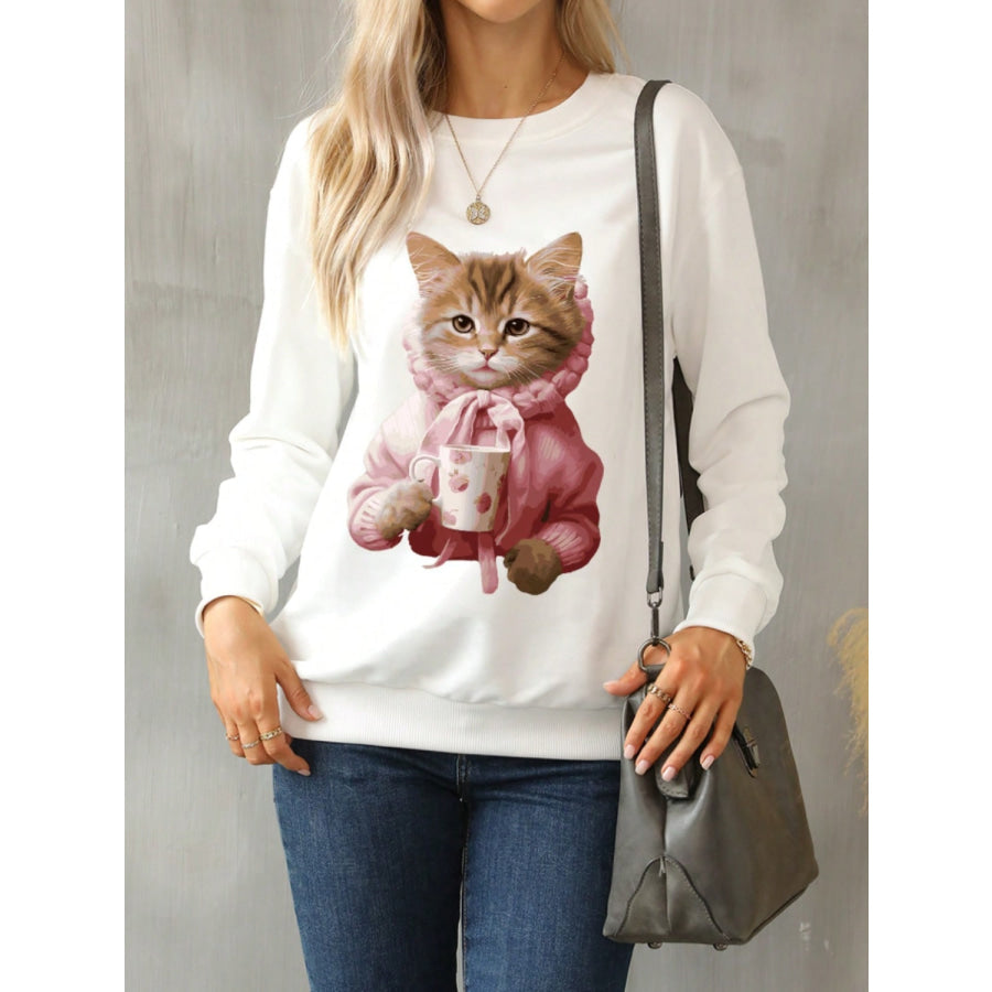 Cat Round Neck Long Sleeve Sweatshirt Ivory / S Apparel and Accessories