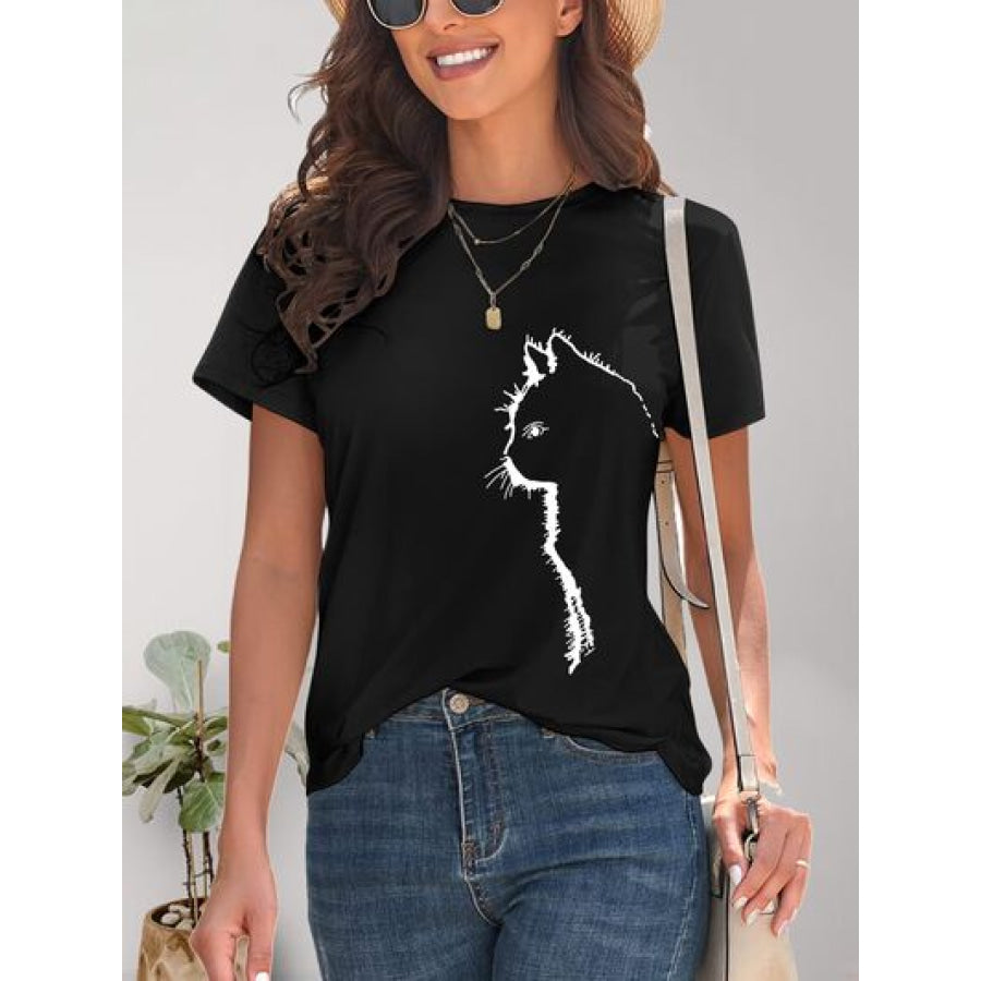 Cat Round Neck Short Sleeve T - Shirt Apparel and Accessories