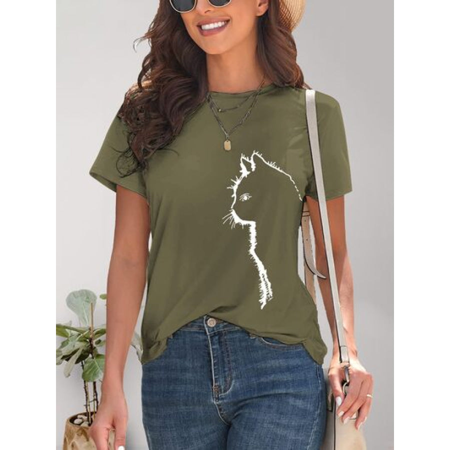 Cat Round Neck Short Sleeve T - Shirt Moss / S Apparel and Accessories
