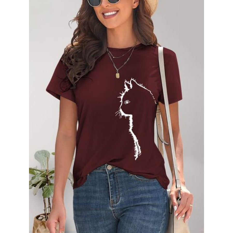 Cat Round Neck Short Sleeve T - Shirt Wine / S Apparel and Accessories