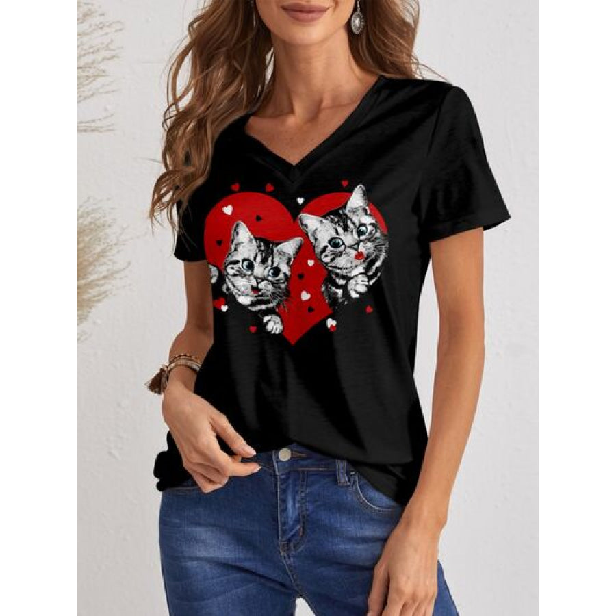Cat V - Neck Short Sleeve T - Shirt Black / S Apparel and Accessories