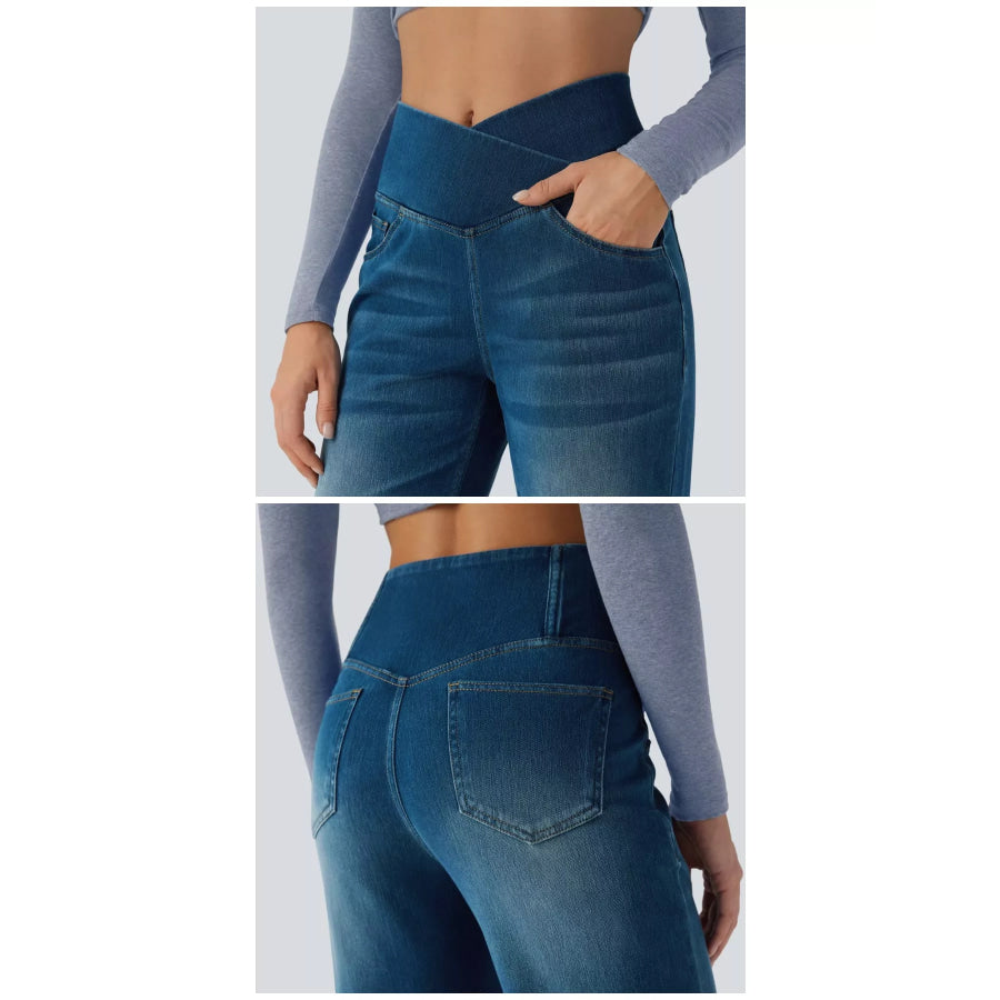 Cat’s whisker High-Waisted Cross-Over Waistband Stretch Straight Jeans Apparel and Accessories