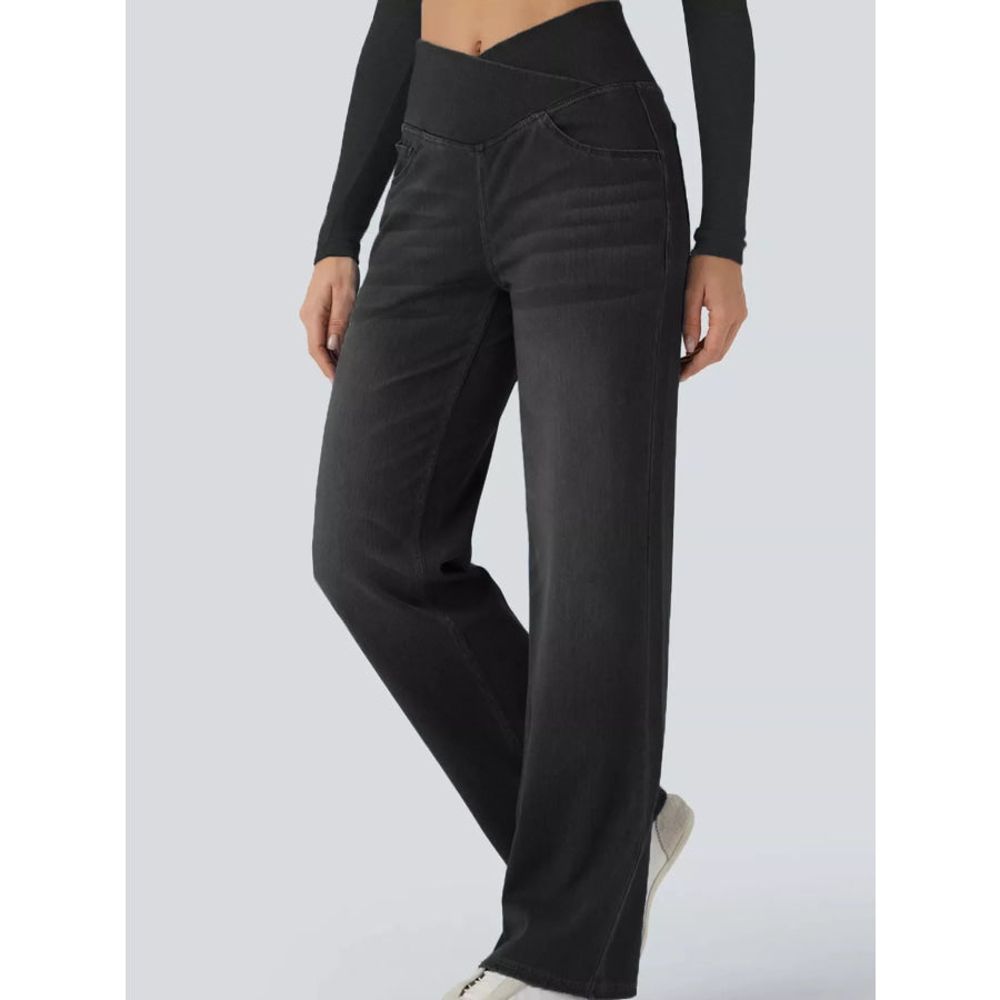 Cat’s whisker High-Waisted Cross-Over Waistband Stretch Straight Jeans Apparel and Accessories
