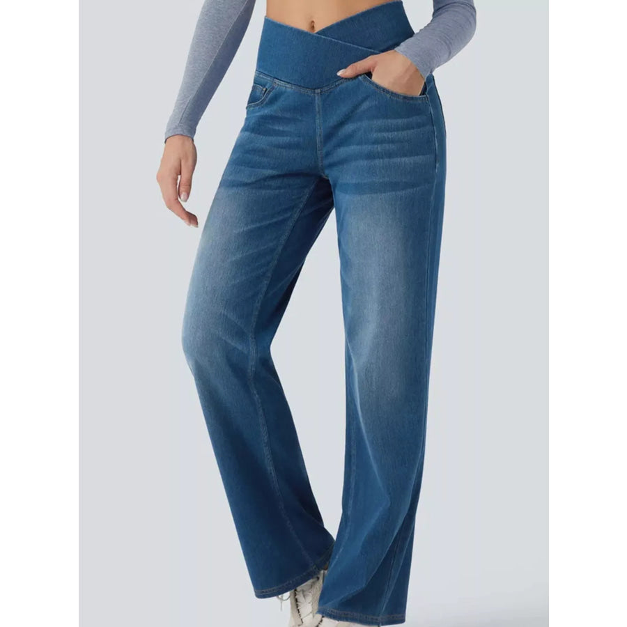Cat’s whisker High-Waisted Cross-Over Waistband Stretch Straight Jeans Apparel and Accessories