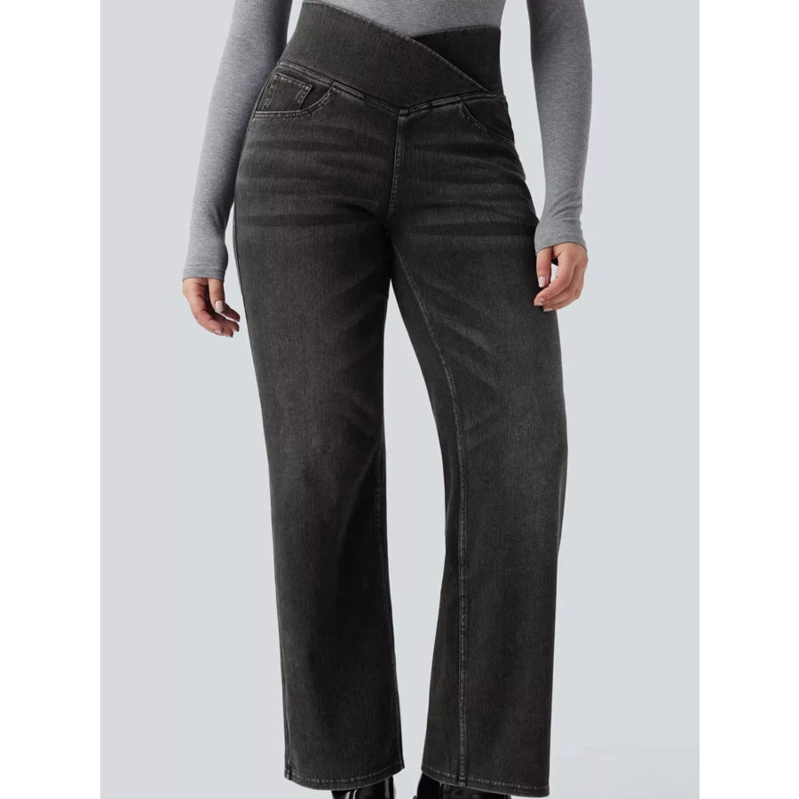 Cat’s whisker High-Waisted Cross-Over Waistband Stretch Straight Jeans Apparel and Accessories