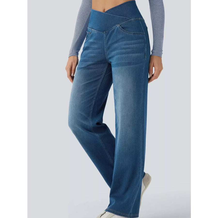 Cat’s whisker High-Waisted Cross-Over Waistband Stretch Straight Jeans Apparel and Accessories
