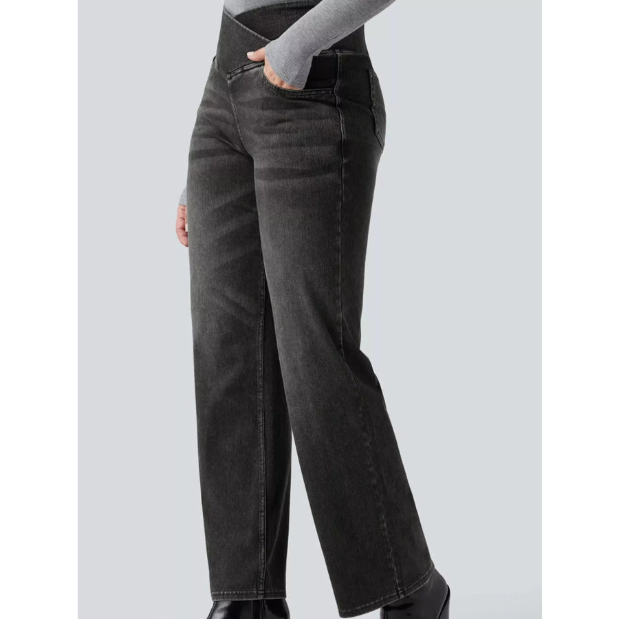 Cat’s whisker High-Waisted Cross-Over Waistband Stretch Straight Jeans Apparel and Accessories