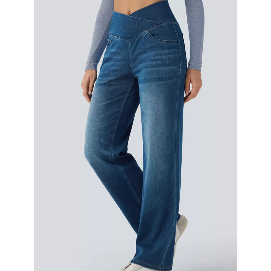Cat’s whisker High-Waisted Cross-Over Waistband Stretch Straight Jeans Apparel and Accessories