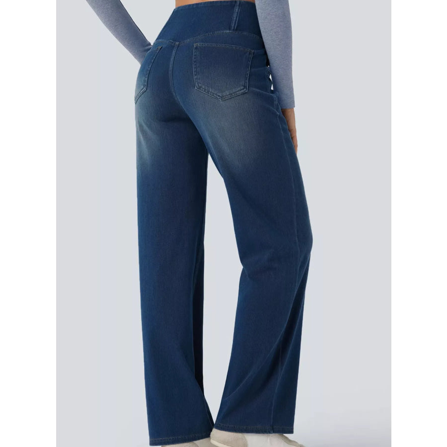 Cat’s whisker High-Waisted Cross-Over Waistband Stretch Straight Jeans Apparel and Accessories
