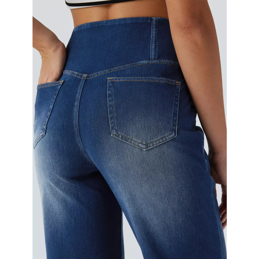 Cat’s whisker High-Waisted Cross-Over Waistband Stretch Straight Jeans Apparel and Accessories