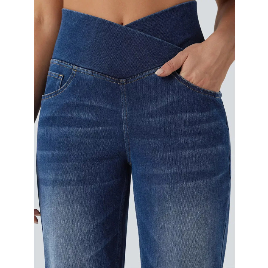 Cat’s whisker High-Waisted Cross-Over Waistband Stretch Straight Jeans Apparel and Accessories