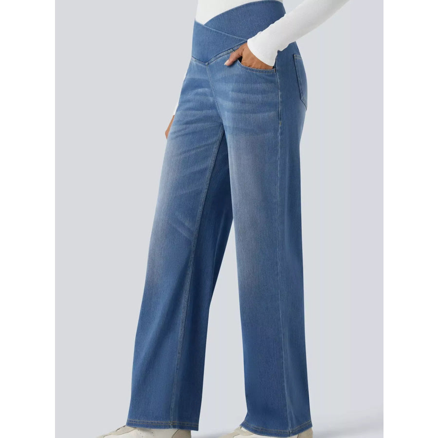 Cat’s whisker High-Waisted Cross-Over Waistband Stretch Straight Jeans Apparel and Accessories
