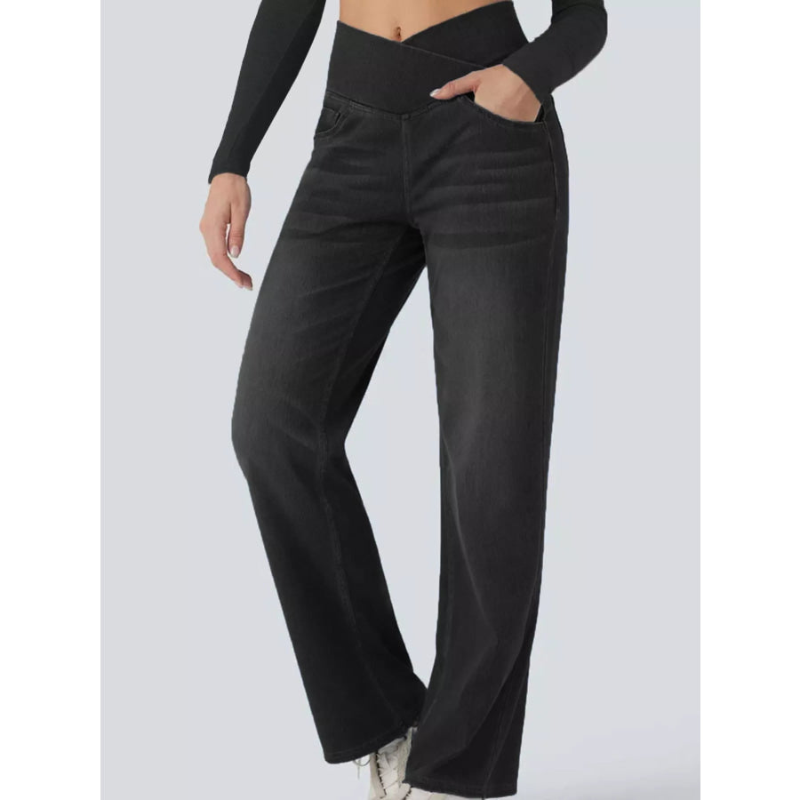 Cat’s whisker High-Waisted Cross-Over Waistband Stretch Straight Jeans Apparel and Accessories