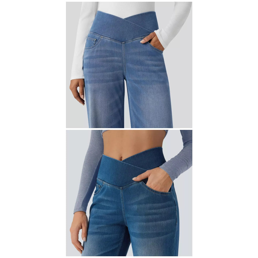 Cat’s whisker High-Waisted Cross-Over Waistband Stretch Straight Jeans Apparel and Accessories