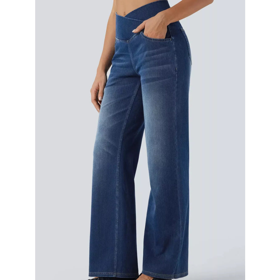 Cat’s whisker High-Waisted Cross-Over Waistband Stretch Straight Jeans Apparel and Accessories