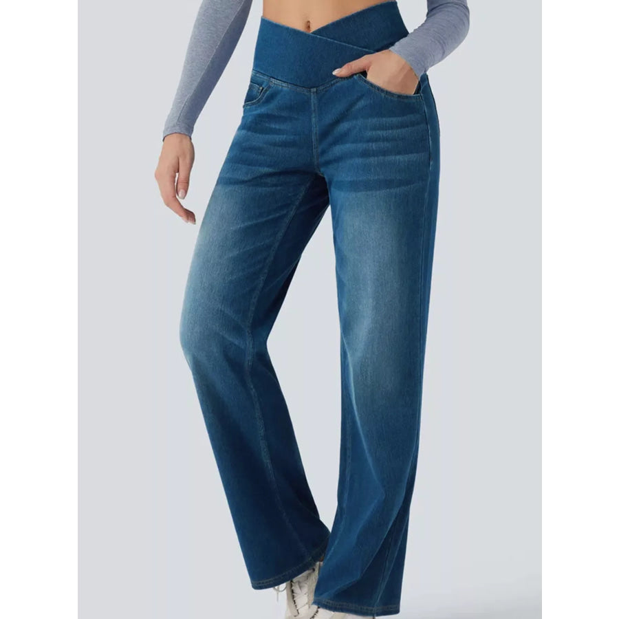 Cat’s whisker High-Waisted Cross-Over Waistband Stretch Straight Jeans Apparel and Accessories