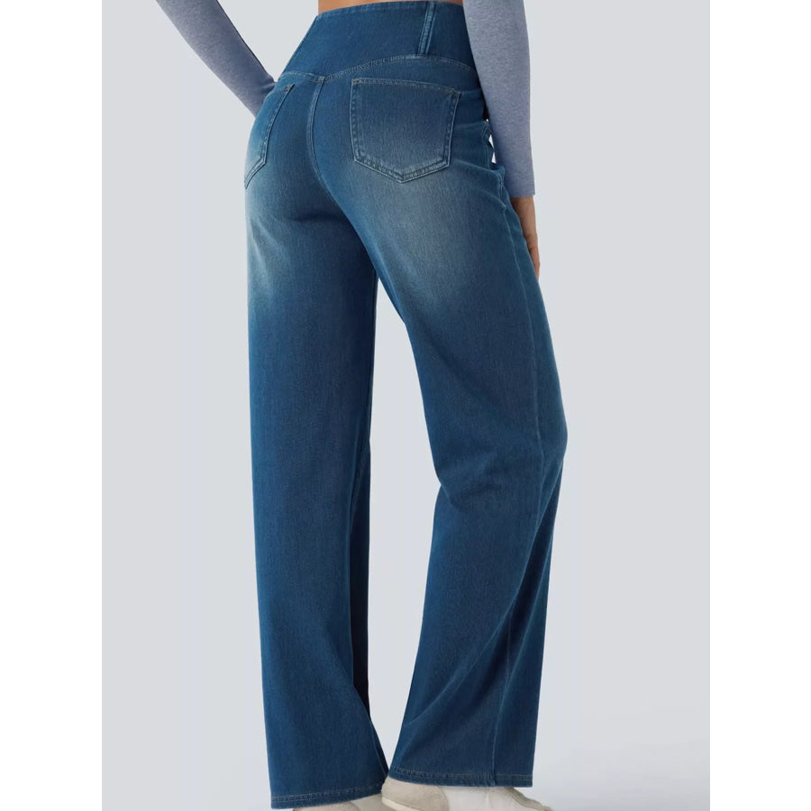 Cat’s whisker High-Waisted Cross-Over Waistband Stretch Straight Jeans Apparel and Accessories