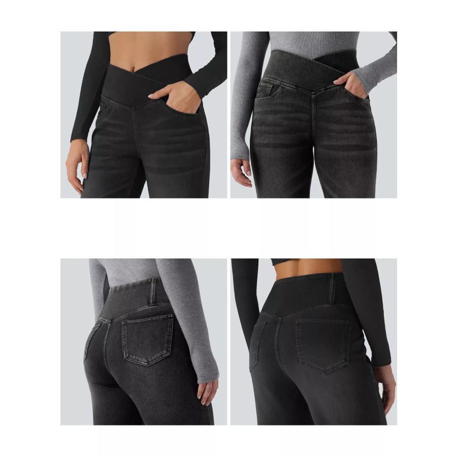 Cat’s whisker High-Waisted Cross-Over Waistband Stretch Straight Jeans Apparel and Accessories