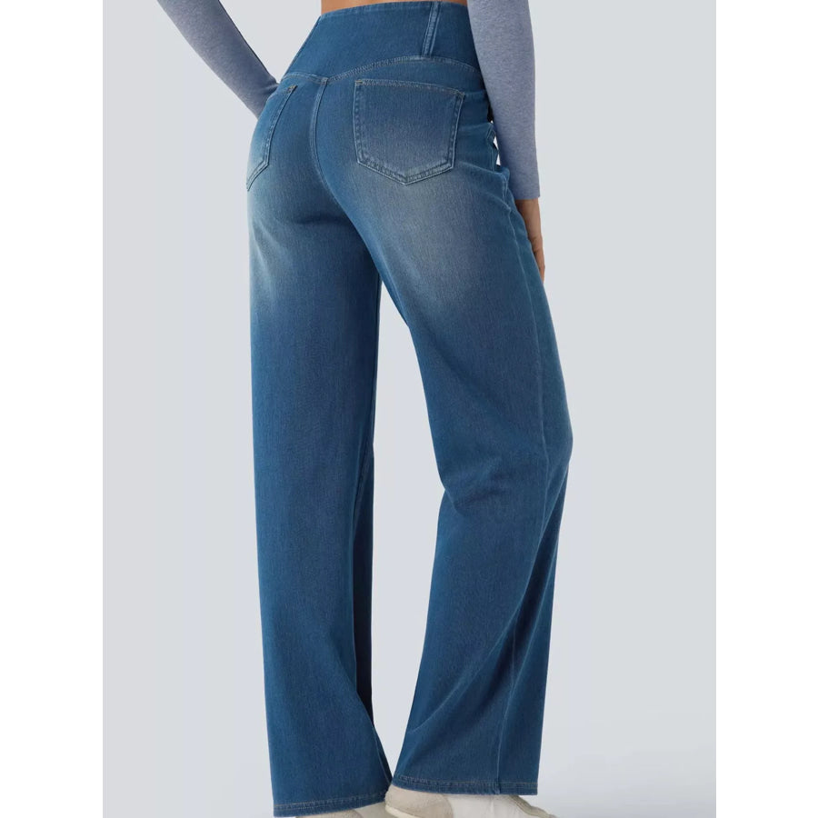 Cat’s whisker High-Waisted Cross-Over Waistband Stretch Straight Jeans Apparel and Accessories