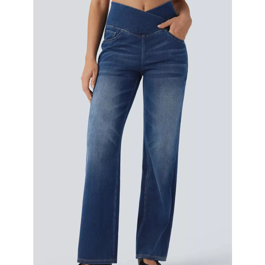 Cat’s whisker High-Waisted Cross-Over Waistband Stretch Straight Jeans Apparel and Accessories