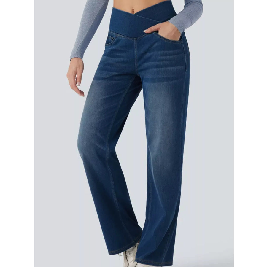 Cat’s whisker High-Waisted Cross-Over Waistband Stretch Straight Jeans Dark Blue / XS Apparel and Accessories